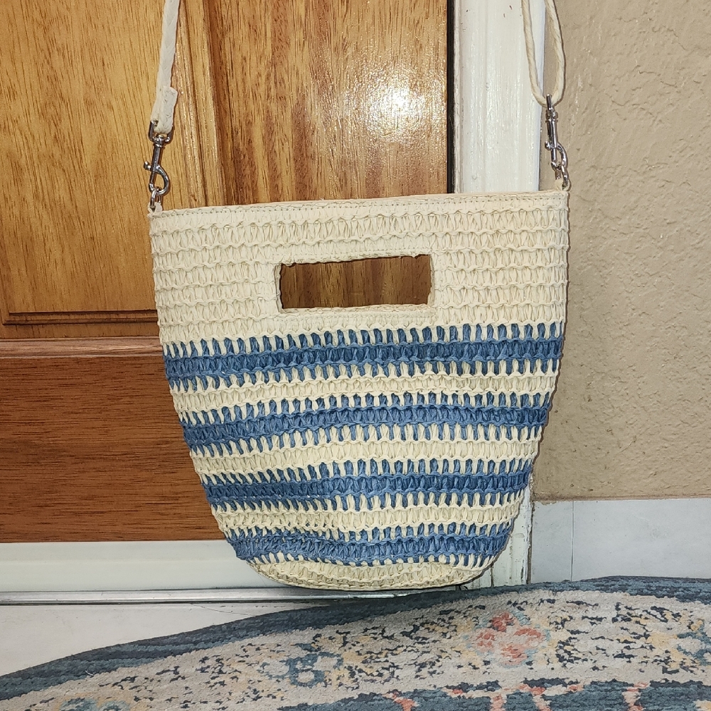 Striped Cream and Blue Woven Bag